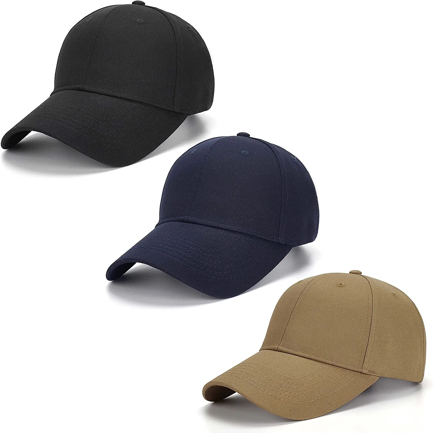 3 Pack Plain Cotton Strap-back Baseball Hat Adjustable - One Size Fits Most