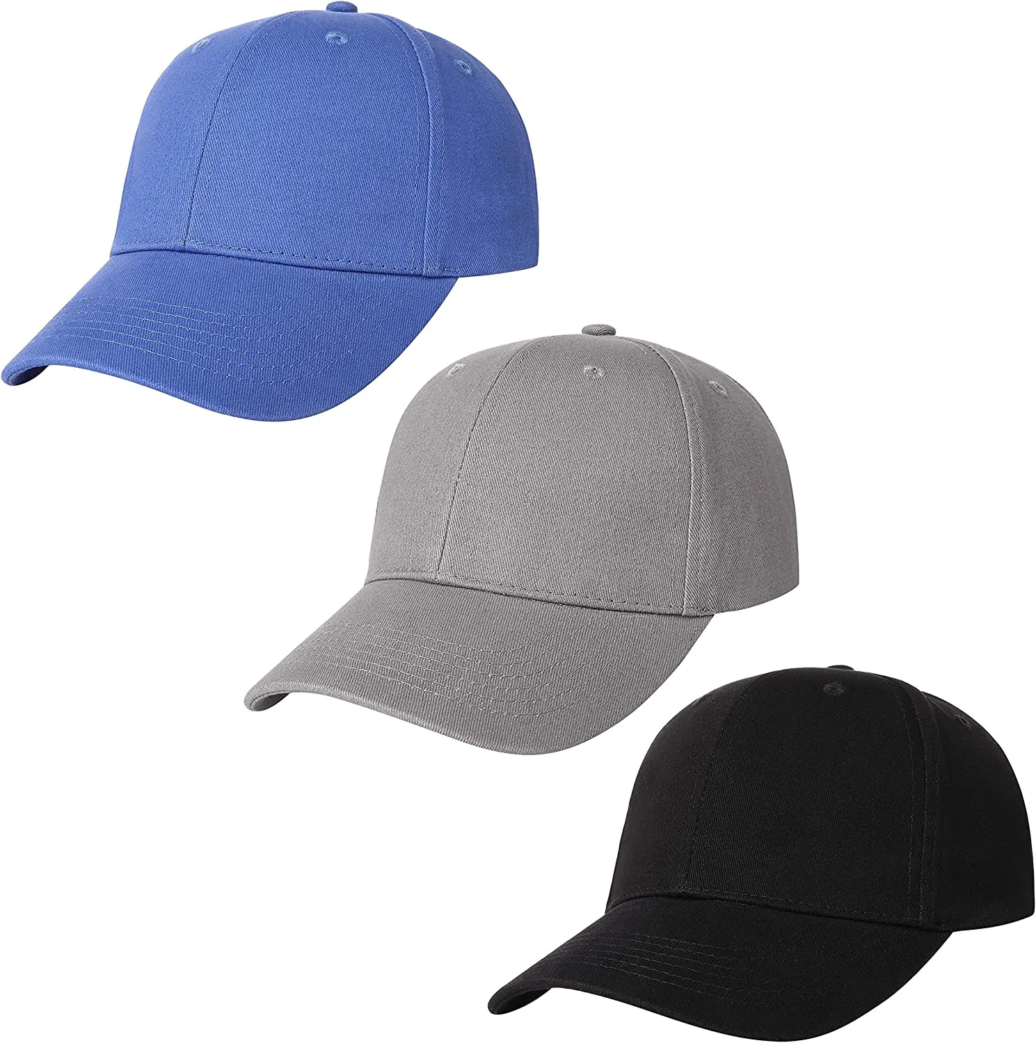 3 Pack Plain Cotton Strap-back Baseball Hat Adjustable - One Size Fits Most