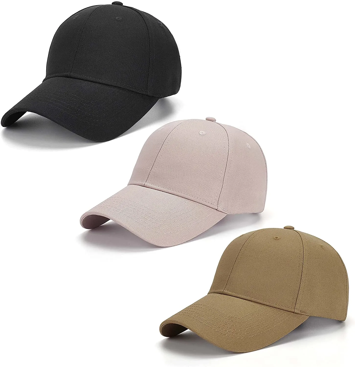 3 Pack Plain Cotton Strap-back Baseball Hat Adjustable - One Size Fits Most