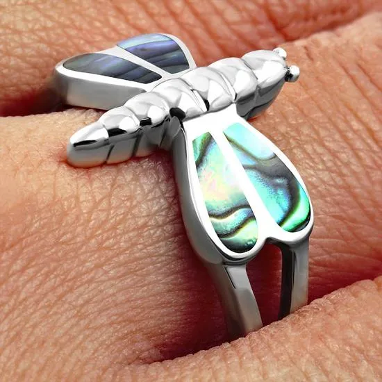 Abalone Shell Dragonfly Silver Ring