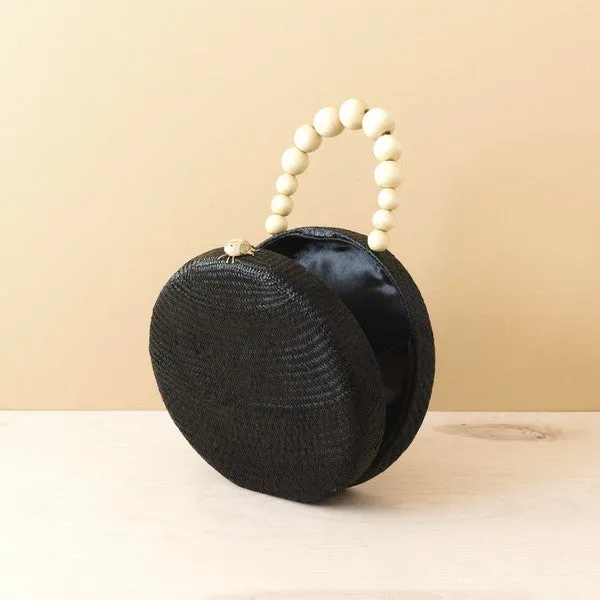 Black Round Classic Handbag with Wood Handle