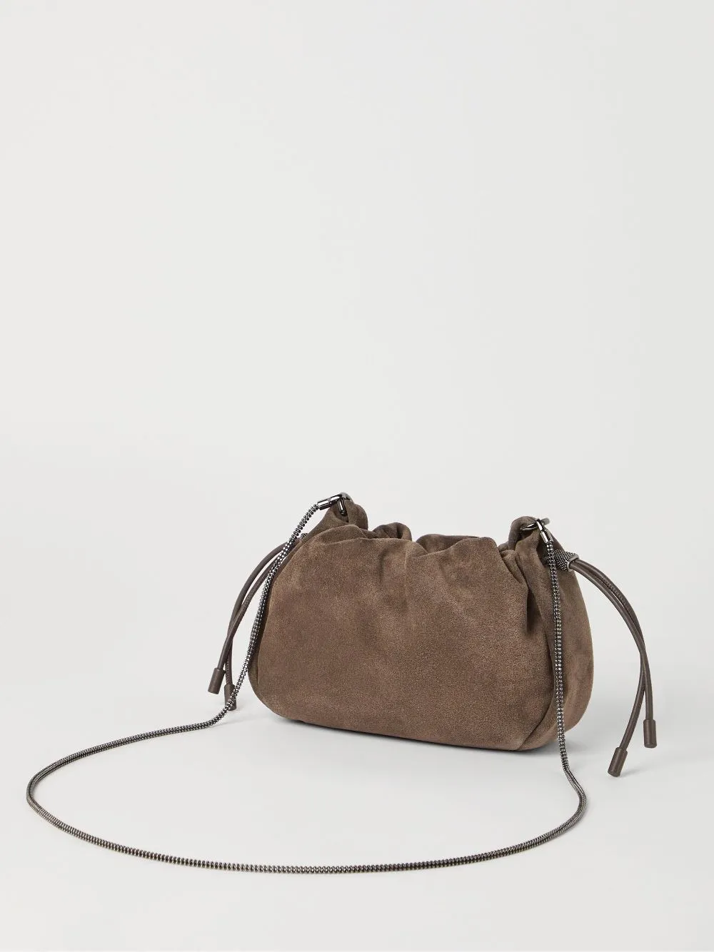 Brunello Cucinelli Mellow mini bucket bag in suede with precious chain