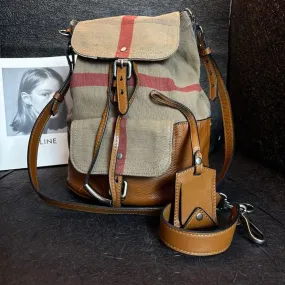 Burberry Check Canvas Leather Trim Bucket Bag Beige Brown Medium