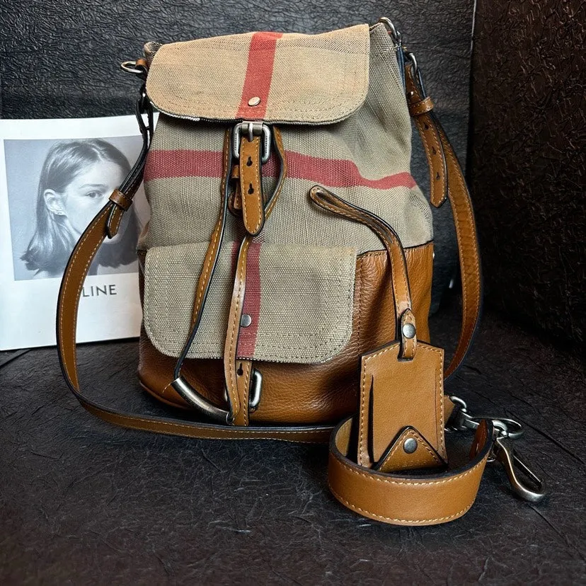 Burberry Check Canvas Leather Trim Bucket Bag Beige Brown Medium