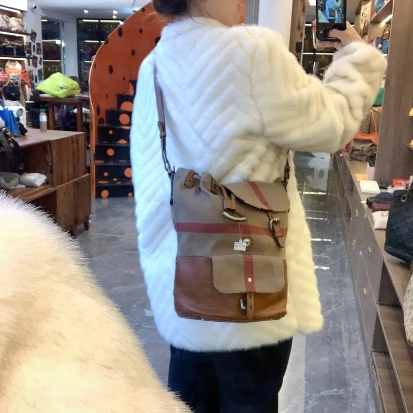 Burberry Check Canvas Leather Trim Bucket Bag Beige Brown Medium
