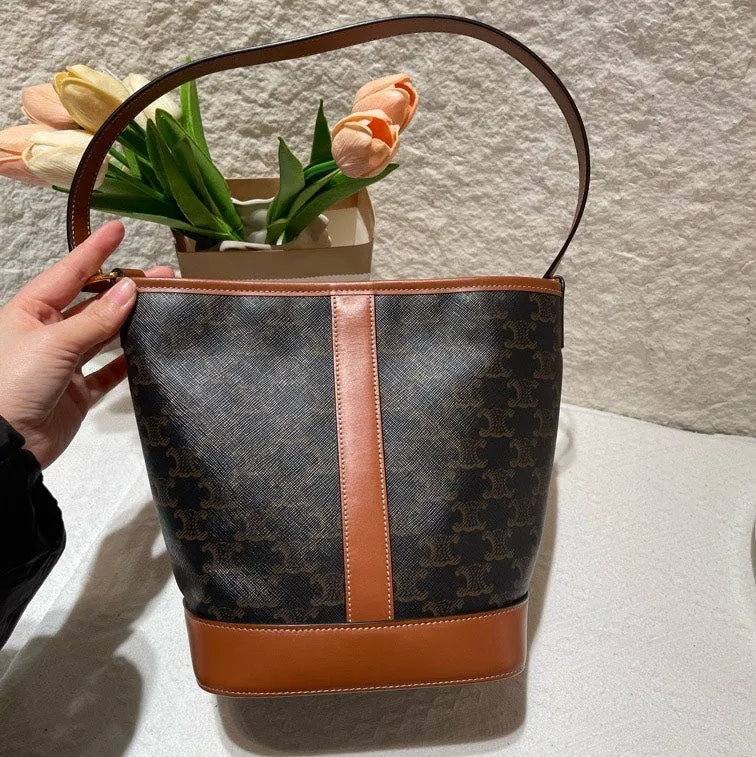 Celine Triomphe Brown Leather Canvas Bucket Bag Medium