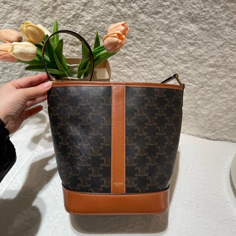 Celine Triomphe Brown Leather Canvas Bucket Bag Medium
