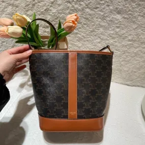Celine Triomphe Brown Leather Canvas Bucket Bag Medium