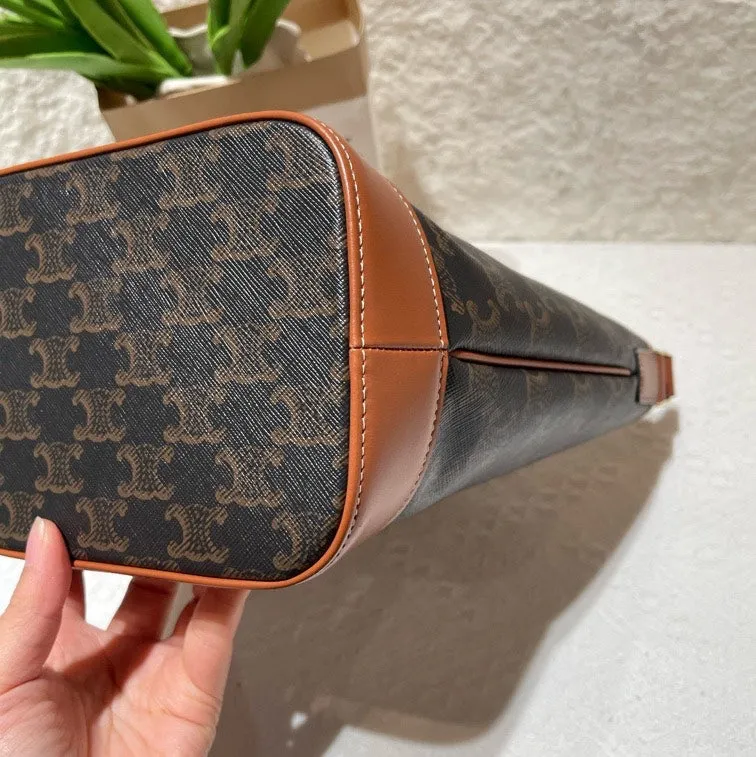 Celine Triomphe Brown Leather Canvas Bucket Bag Medium