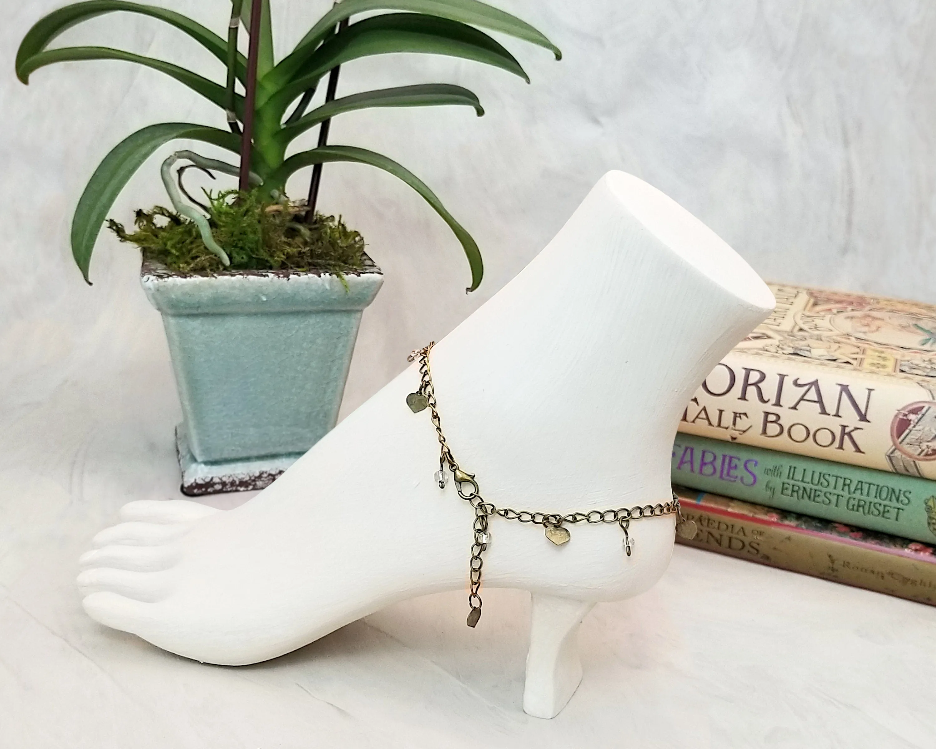 Chain Anklet or Bracelet in Clear, Adjustable, Beach, Boho, Bohemian, Steampunk, Choice of Colors and Metals