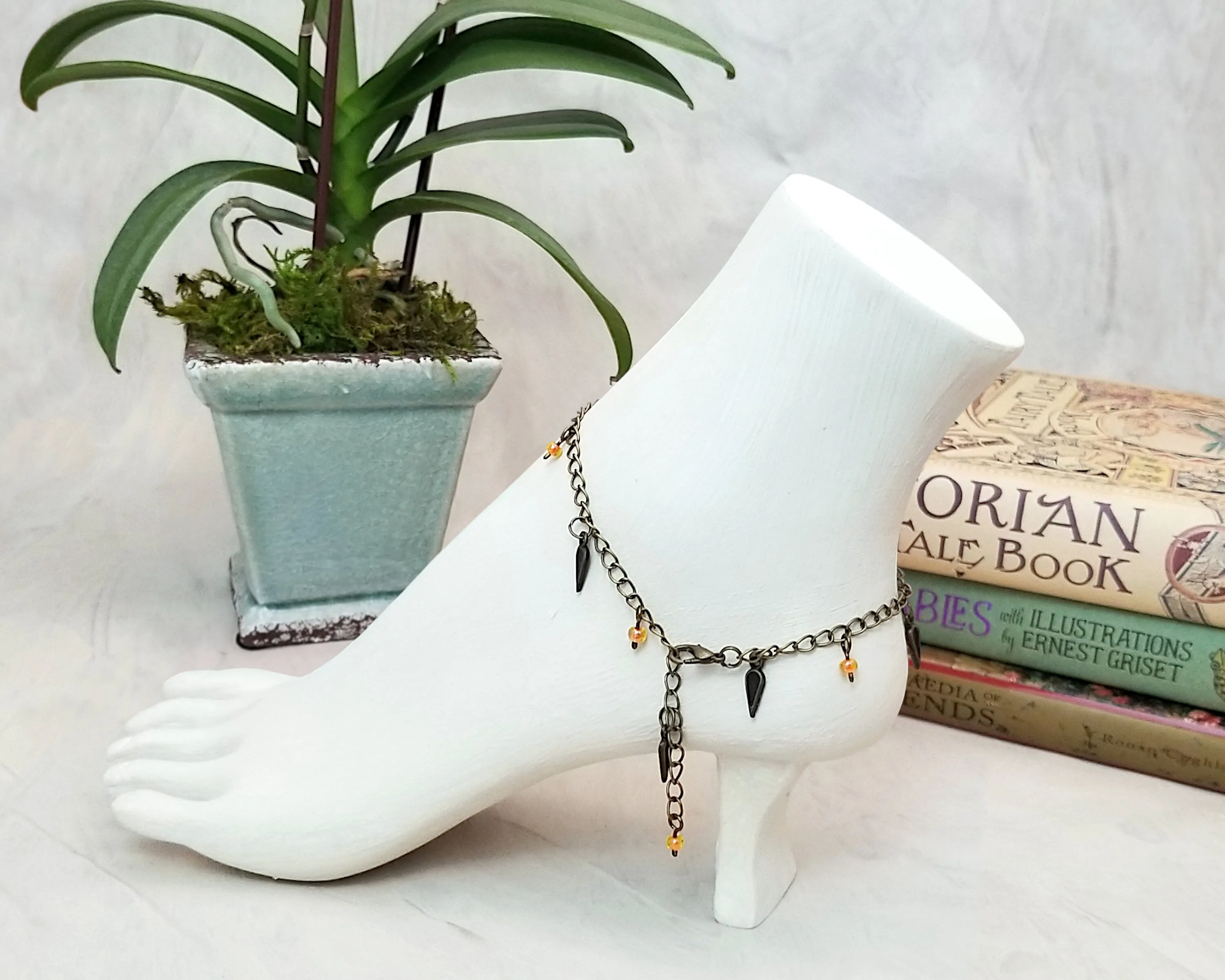 Chain Anklet or Bracelet in Orange, Adjustable, Beach, Boho, Bohemian, Steampunk, Choice of Colors and Metals