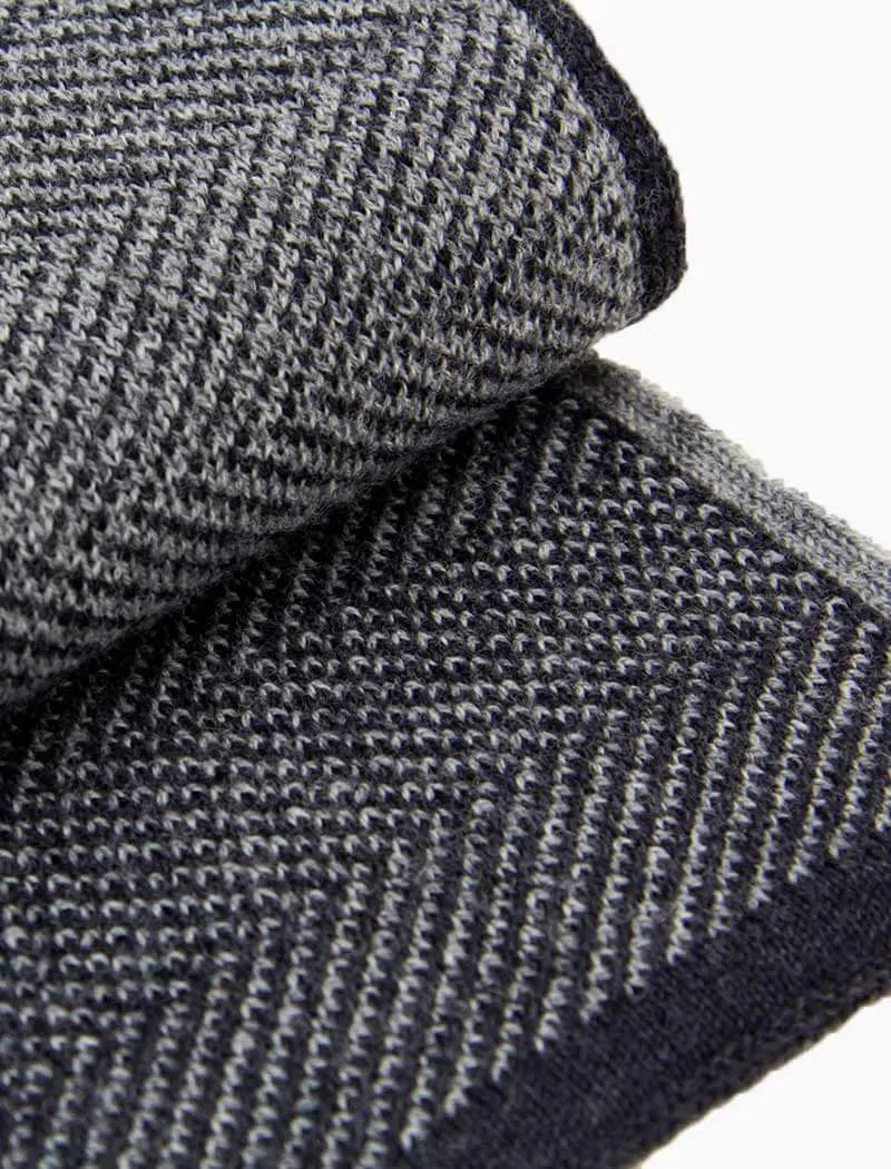 Charcoal & Grey Reversible Herringbone Knitted Wool Scarf