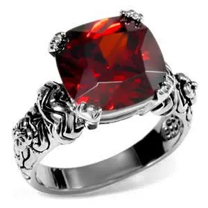 CJ7703OS Wholesale - Stainless Steel Ornate Cushion Garnet CZ Cocktail Ring