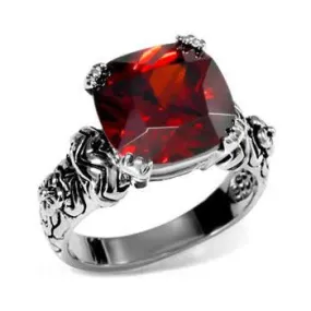 CJ7703OS Wholesale - Stainless Steel Ornate Cushion Garnet CZ Cocktail Ring