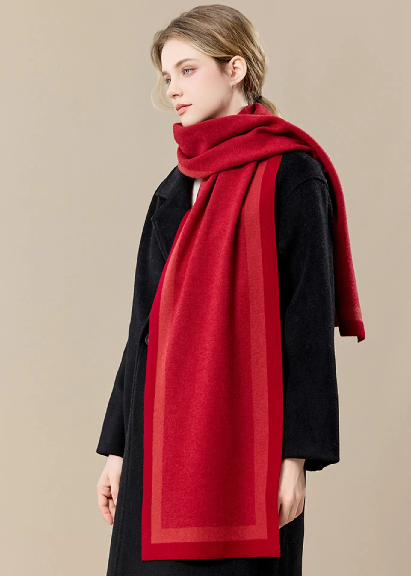 Colorblock Border Wool Long Scarf