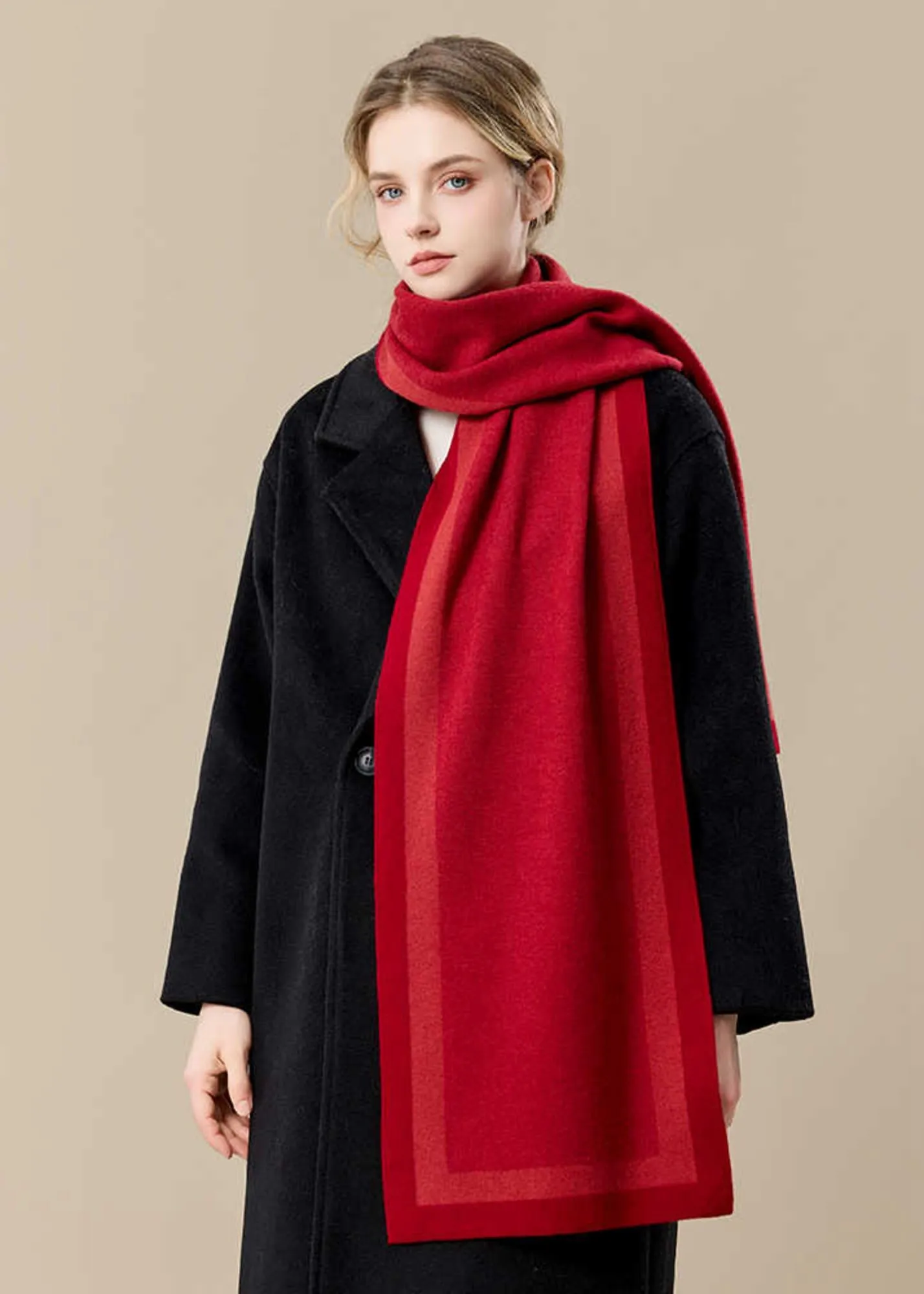 Colorblock Border Wool Long Scarf