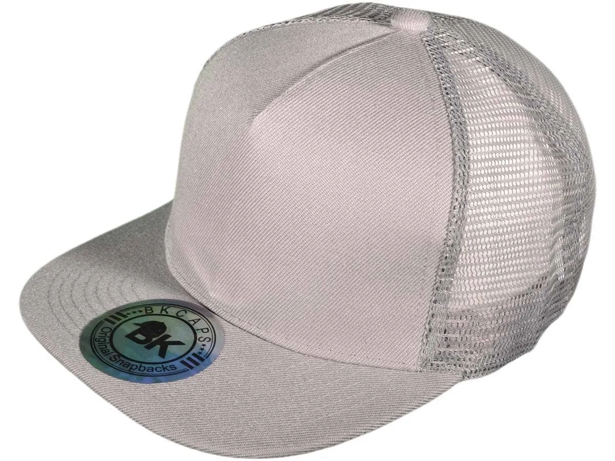 Flat Bill Trucker Hats - 5 Panel SnapBack Mesh 2 Tone BK Cap