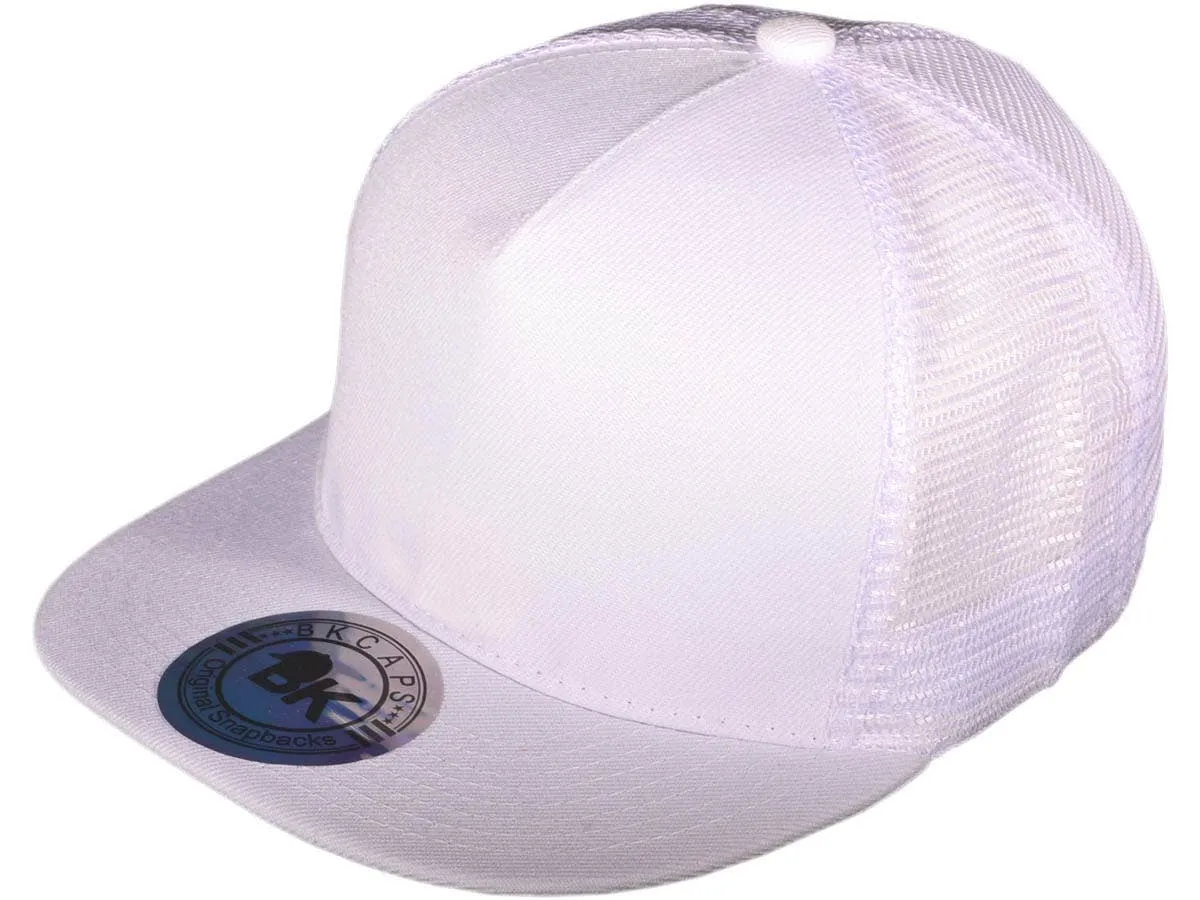 Flat Bill Trucker Hats - 5 Panel SnapBack Mesh 2 Tone BK Cap