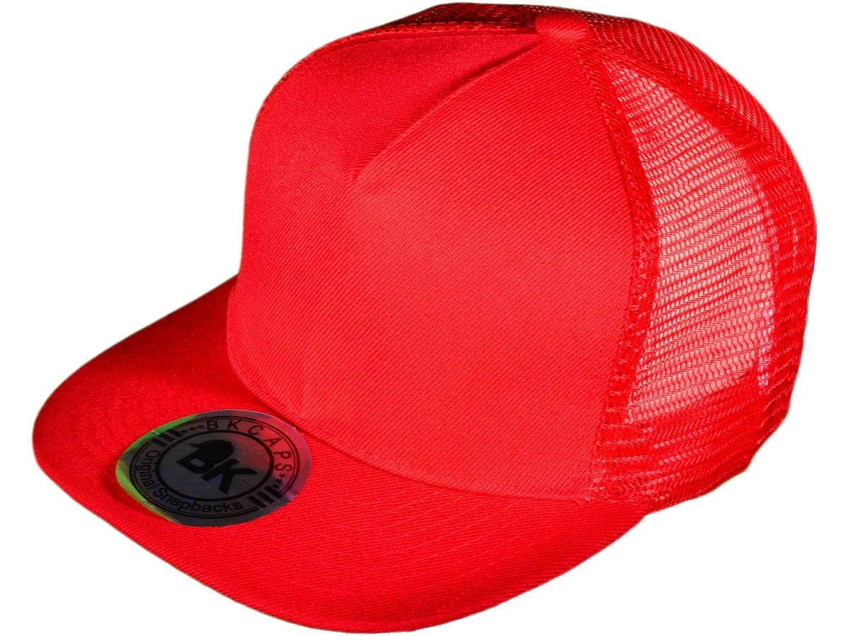 Flat Bill Trucker Hats - 5 Panel SnapBack Mesh 2 Tone BK Cap