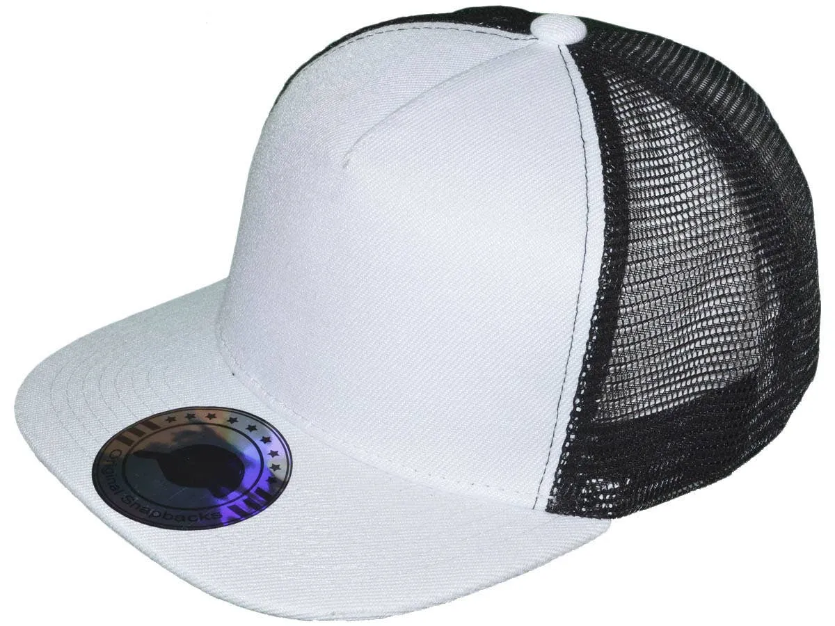 Flat Bill Trucker Hats - 5 Panel SnapBack Mesh 2 Tone BK Cap