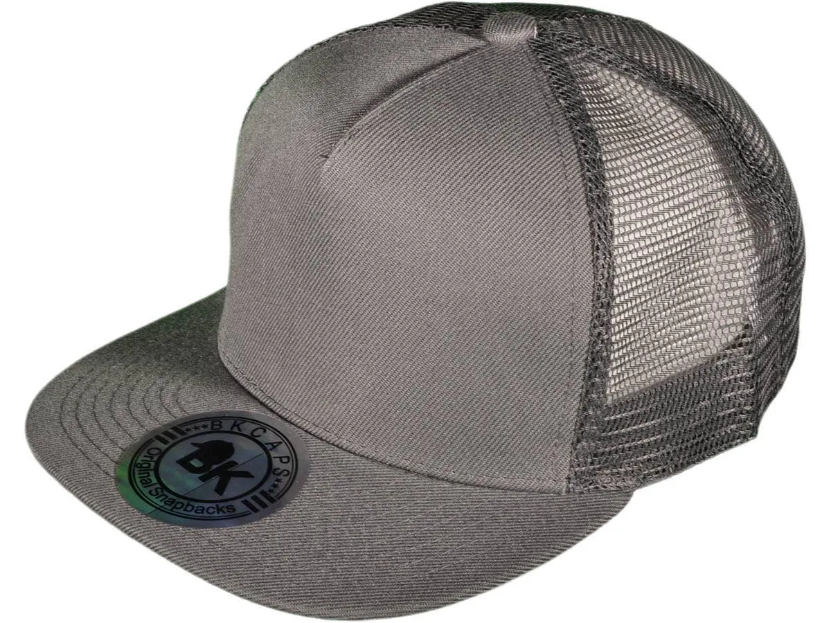 Flat Bill Trucker Hats - 5 Panel SnapBack Mesh 2 Tone BK Cap