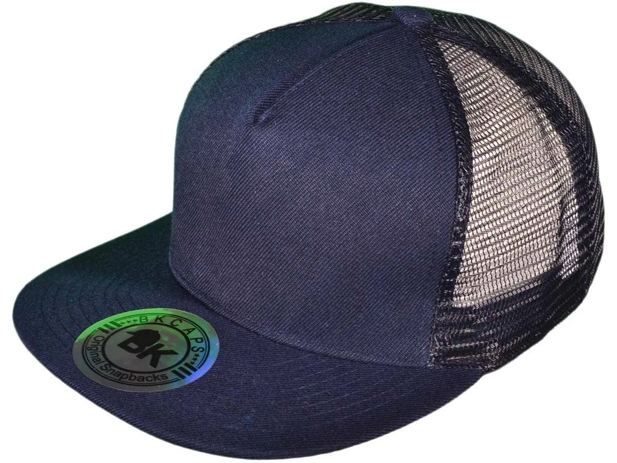 Flat Bill Trucker Hats - 5 Panel SnapBack Mesh 2 Tone BK Cap