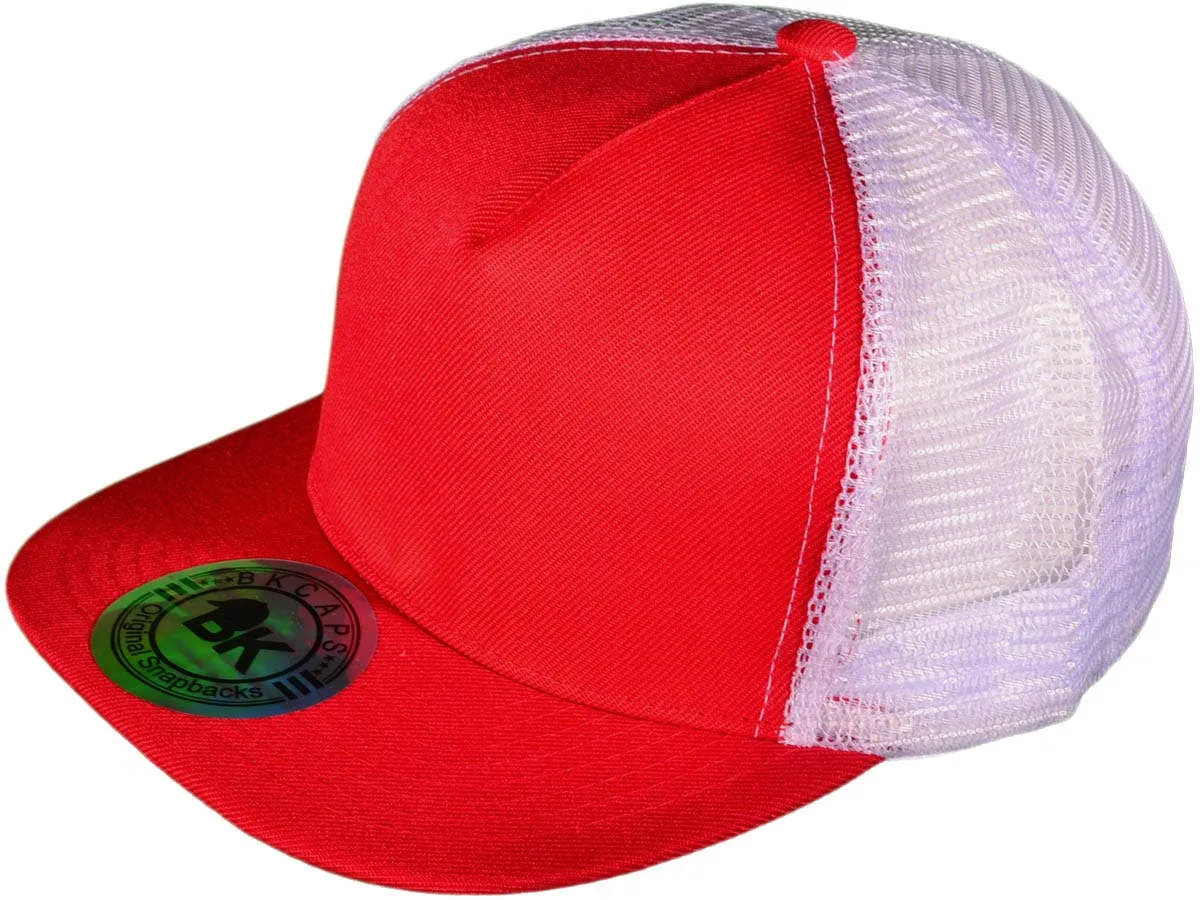 Flat Bill Trucker Hats - 5 Panel SnapBack Mesh 2 Tone BK Cap