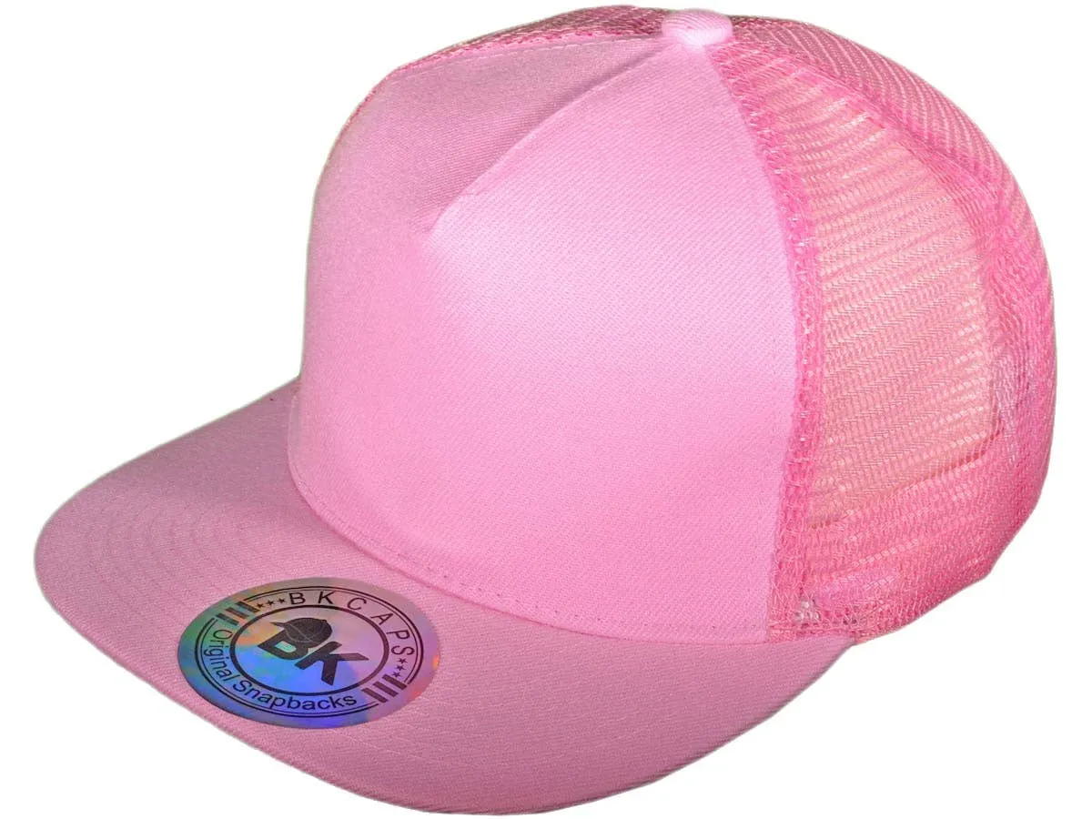 Flat Bill Trucker Hats - 5 Panel SnapBack Mesh 2 Tone BK Cap