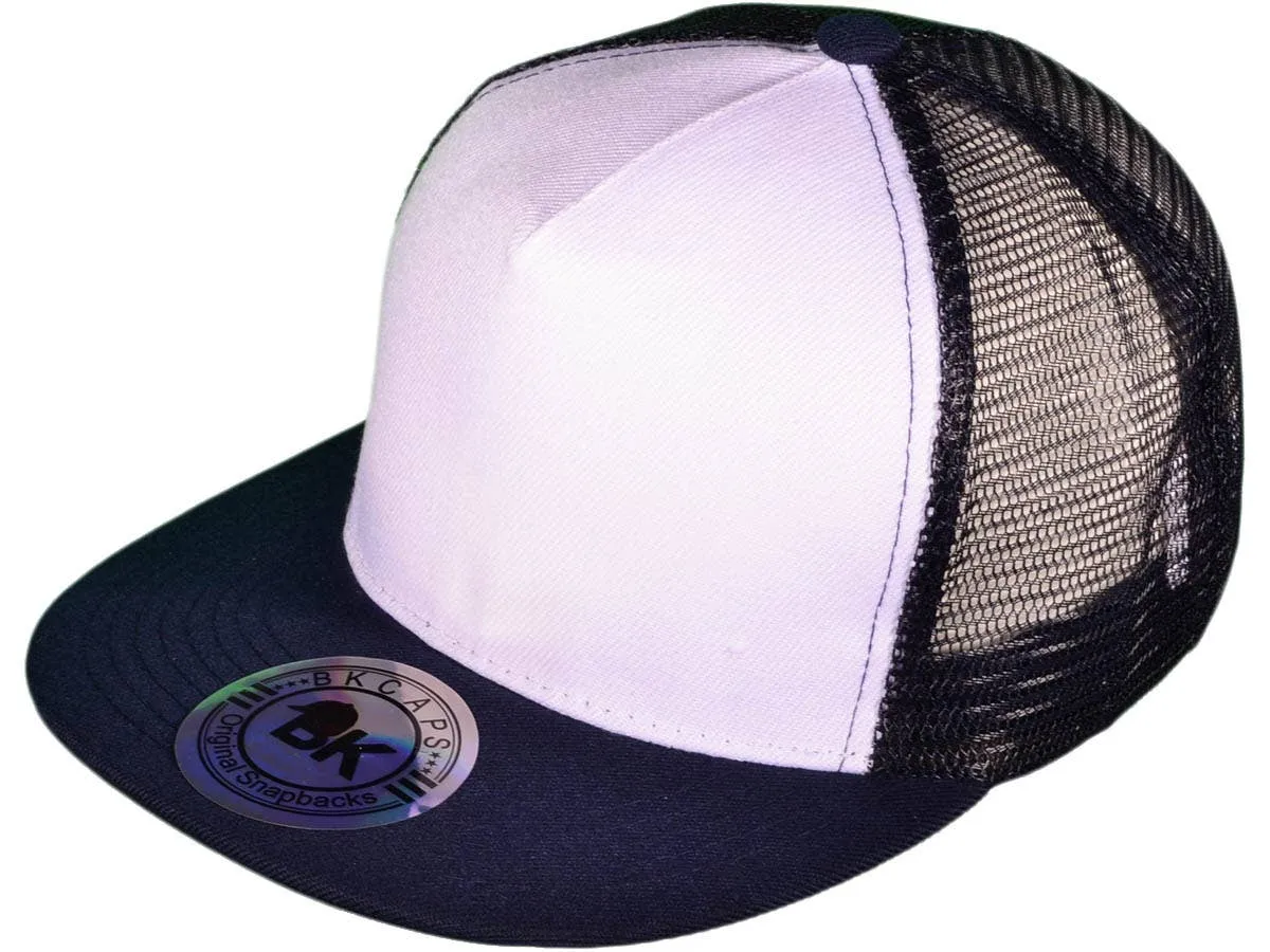 Flat Bill Trucker Hats - 5 Panel SnapBack Mesh 2 Tone BK Cap