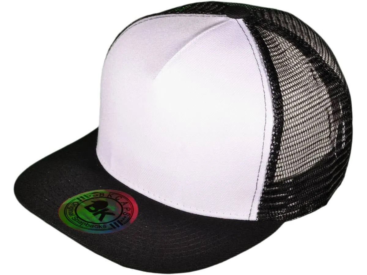 Flat Bill Trucker Hats - 5 Panel SnapBack Mesh 2 Tone BK Cap
