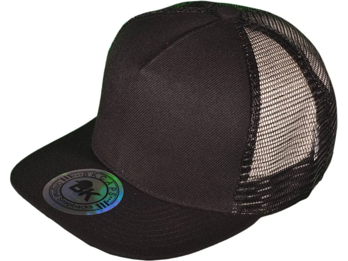 Flat Bill Trucker Hats - 5 Panel SnapBack Mesh 2 Tone BK Cap