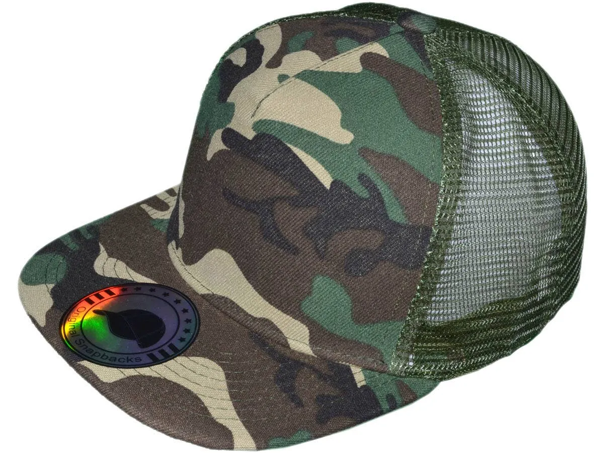Flat Bill Trucker Hats - 5 Panel SnapBack Mesh 2 Tone BK Cap