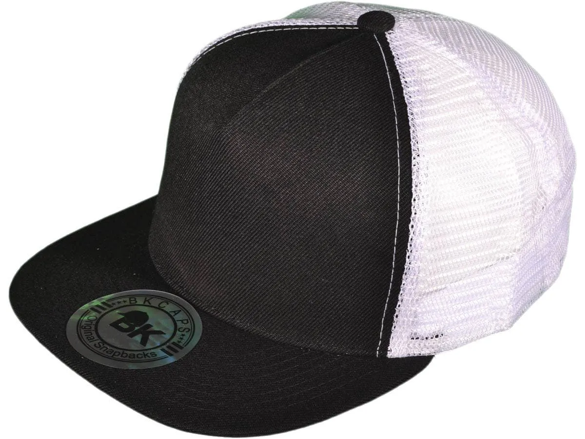 Flat Bill Trucker Hats - 5 Panel SnapBack Mesh 2 Tone BK Cap
