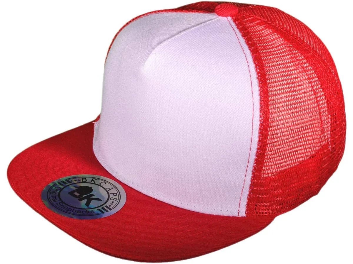 Flat Bill Trucker Hats - 5 Panel SnapBack Mesh 2 Tone BK Cap