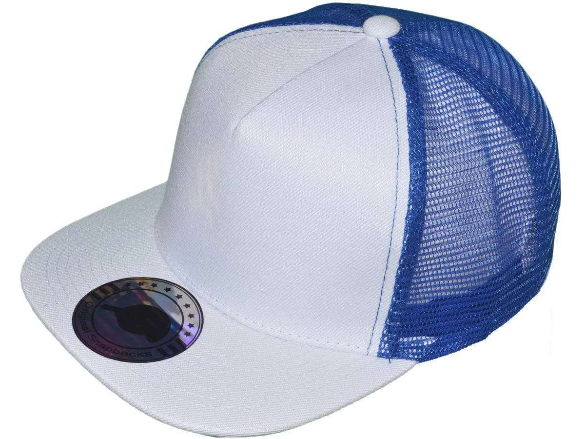 Flat Bill Trucker Hats - 5 Panel SnapBack Mesh 2 Tone BK Cap