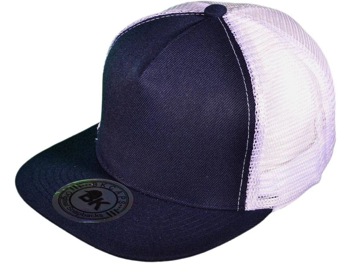 Flat Bill Trucker Hats - 5 Panel SnapBack Mesh 2 Tone BK Cap