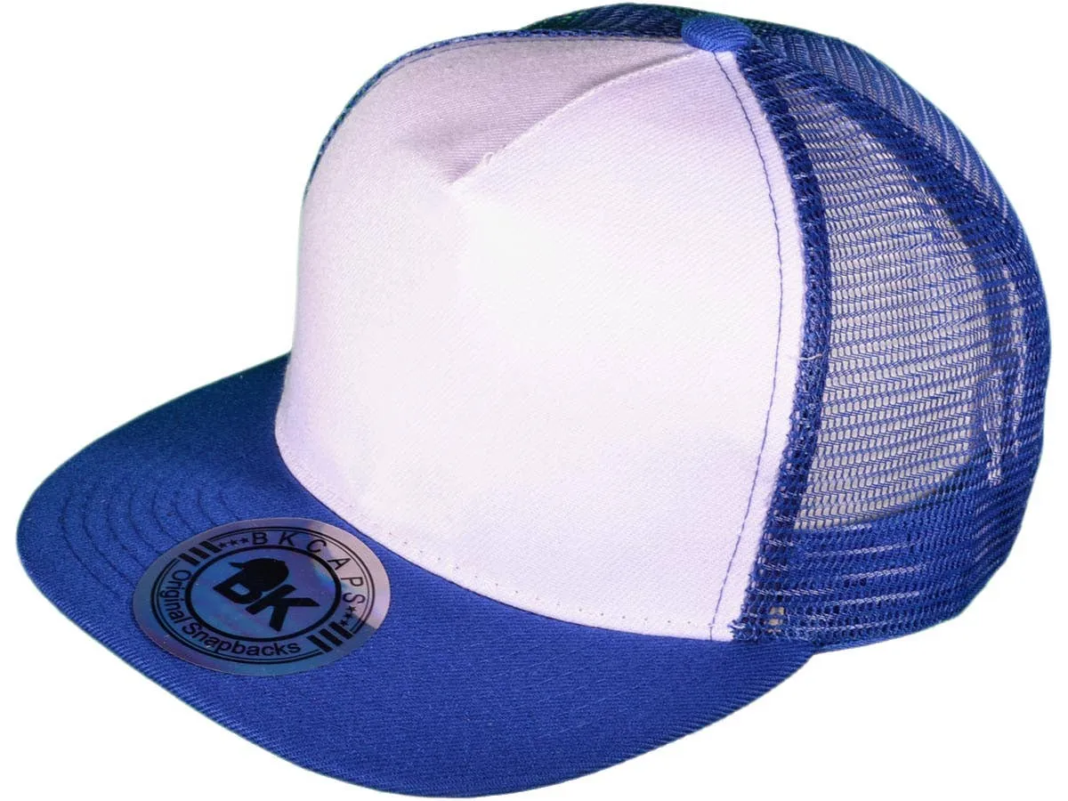 Flat Bill Trucker Hats - 5 Panel SnapBack Mesh 2 Tone BK Cap