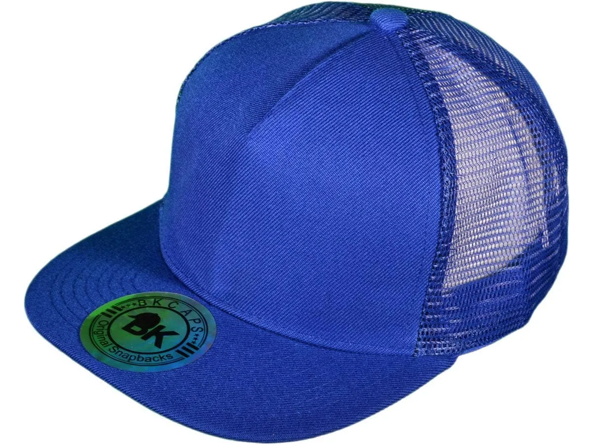 Flat Bill Trucker Hats - 5 Panel SnapBack Mesh 2 Tone BK Cap
