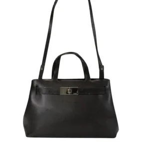 Furla, two handle, two-way style- cross body, shoulder or satchel style bag in a dark brown leather with chrome hardware