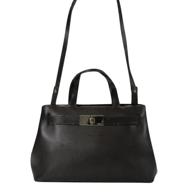 Furla, two handle, two-way style- cross body, shoulder or satchel style bag in a dark brown leather with chrome hardware
