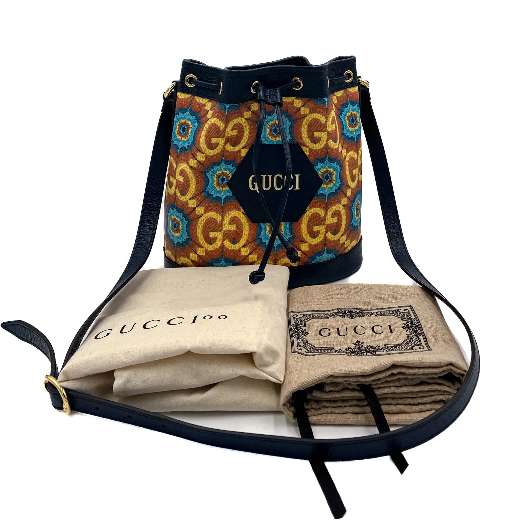 Gucci Kaleidoscope 100 Leather Canvas Bucket Bag