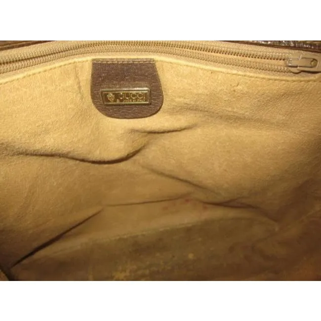 Gucci Vintage Brown Leather And Large G Logo Print Coated Canvas With Red Green Stripe