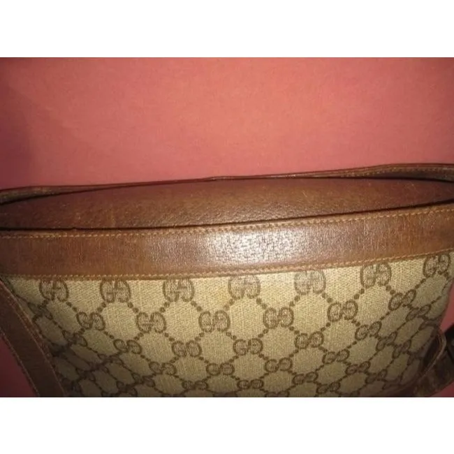 Gucci Vintage Brown Leather And Large G Logo Print Coated Canvas With Red Green Stripe