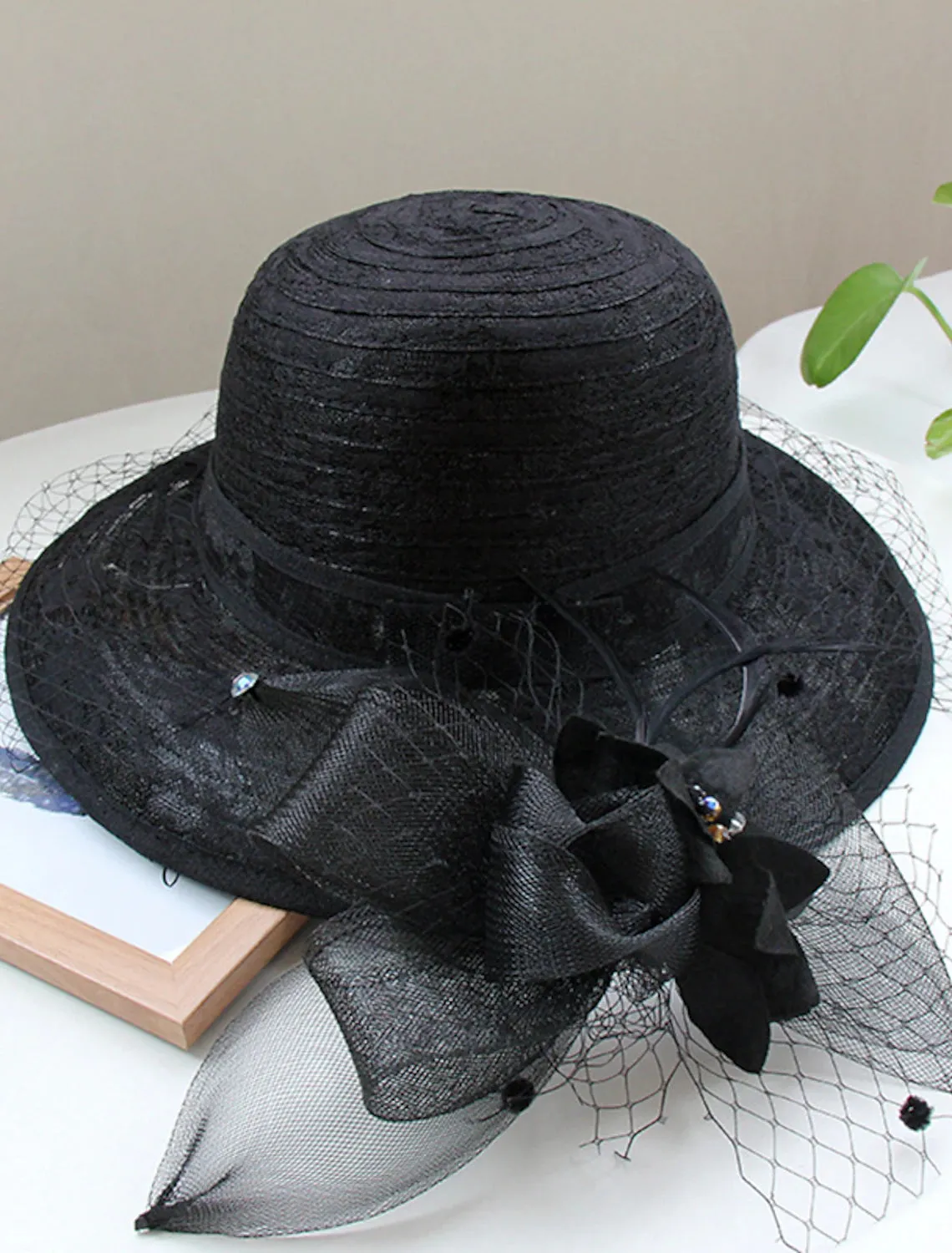 Hats Headwear Tulle Bucket Straw Hat Ladies Day Vintage Style Elegant Lace With Feather Lace Headpiece Headwear