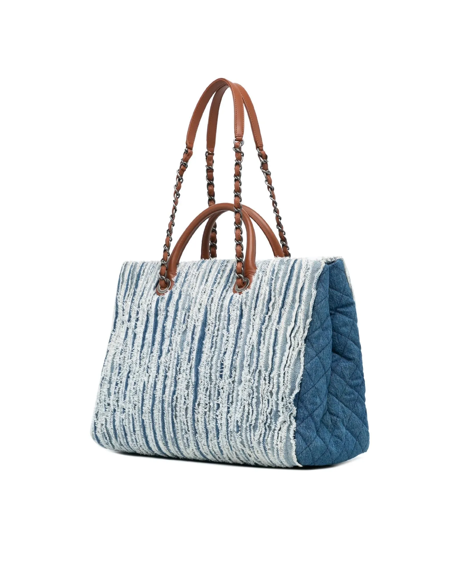 Large Fringed Denim Shopping Tote with Leather Handles and Chain Straps