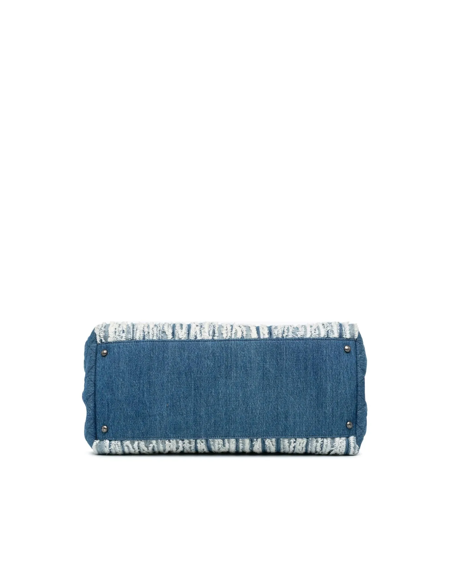 Large Fringed Denim Shopping Tote with Leather Handles and Chain Straps