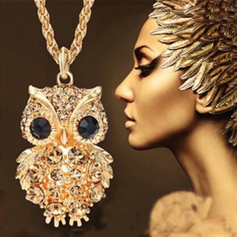 New Brand Charms Owl Necklaces&Pendants Vintage Crystal Gem Cubic Zircon Diamond 18K Gold Long Chain Necklace Women Jewelry
