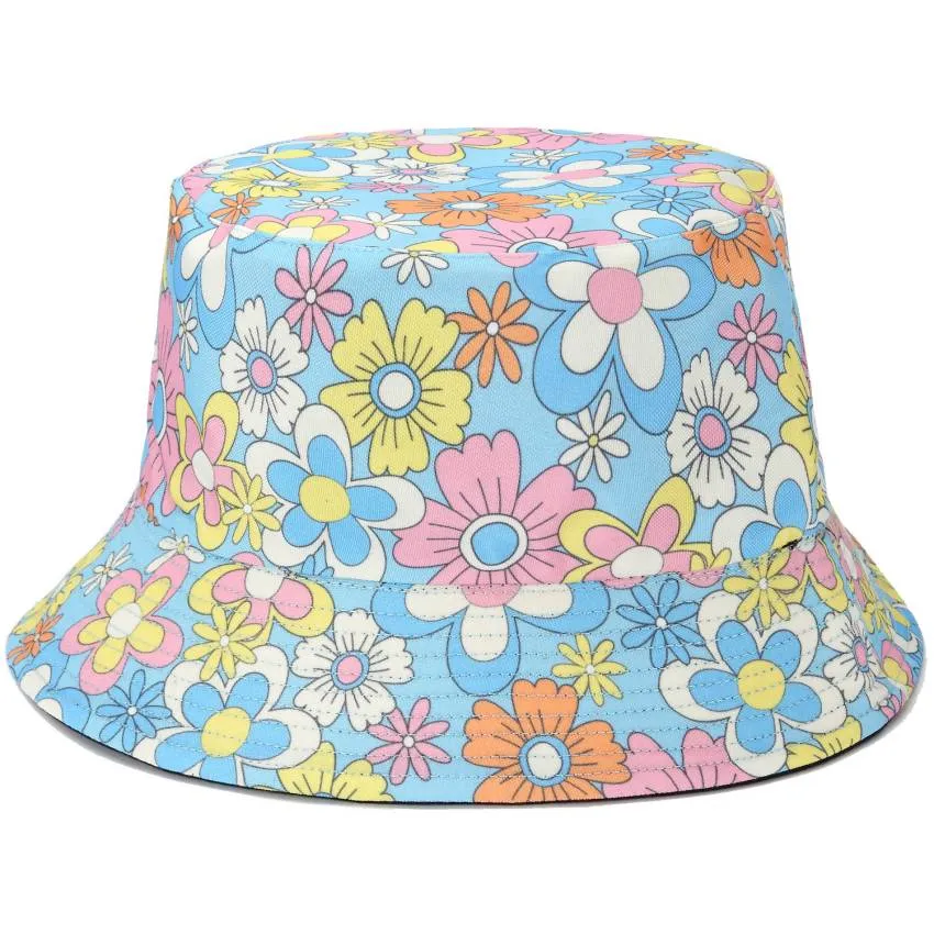 Reversible Printed Bucket Hat Flowers JH905 LightBlue