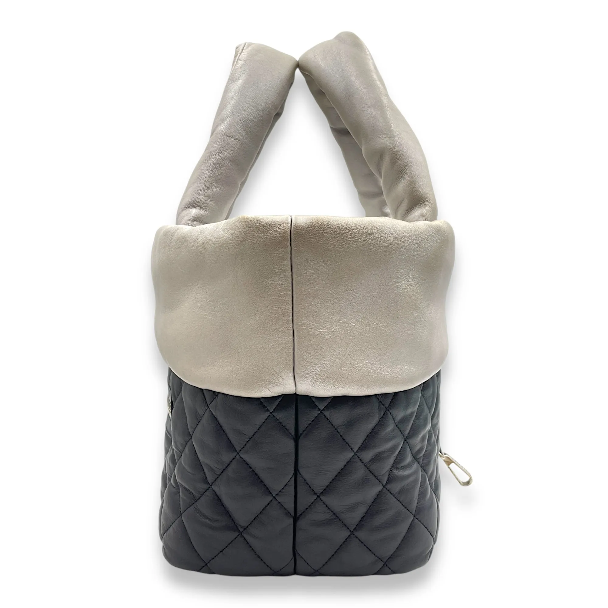 Reversible Quilted Coco Cocoon Grey/Navy Blue Top Handle Bag in Calfskin, Palladium hardware