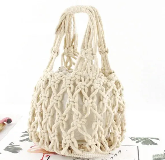 Sohiwoo Ladies Summer Macrame Bucket Bag Clutch Money Phone Purse Handmade Hollow Out Cotton Rope Crochet Bag Small Handbag For Girls